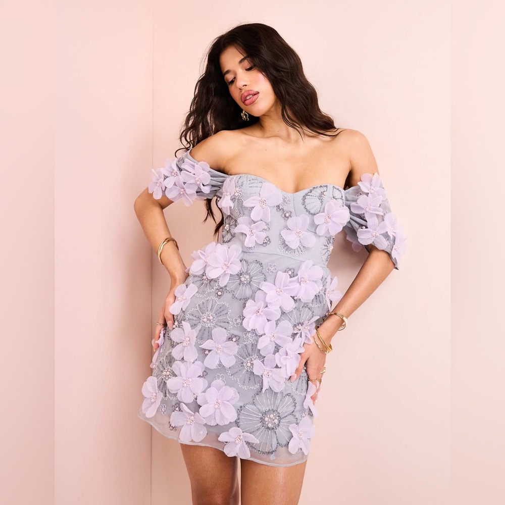 ASOS Pale Lilac Off-Shoulder 3D Floral Mini Dress
